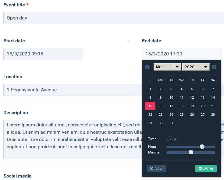 Example of an interface for editing a calendar event